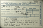 To: R.M.S. TITANIC "Captain, Titanic. West-bound steamers report bergs, growlers and field ice in 42 N from 49 to 51 W, April 12. Compliments, Barr."