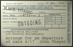 To: Pennsylvania Railroad, 219 Chestnut Philadelphia "Arrange for pm departure of cars 4/17 John Thayer"